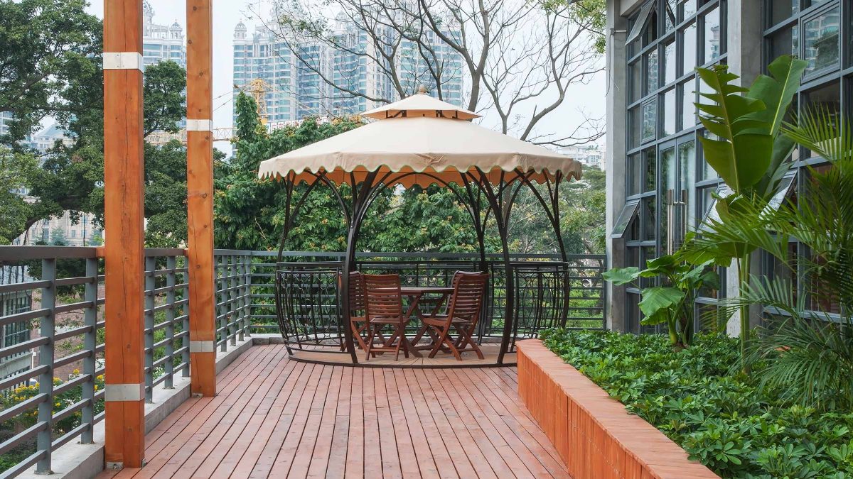 Outdoor work setting designed by M Moser featuring a calming garden pavilion.