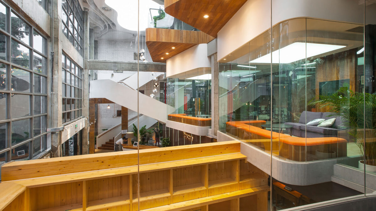 meeting rooms inside glass atrium