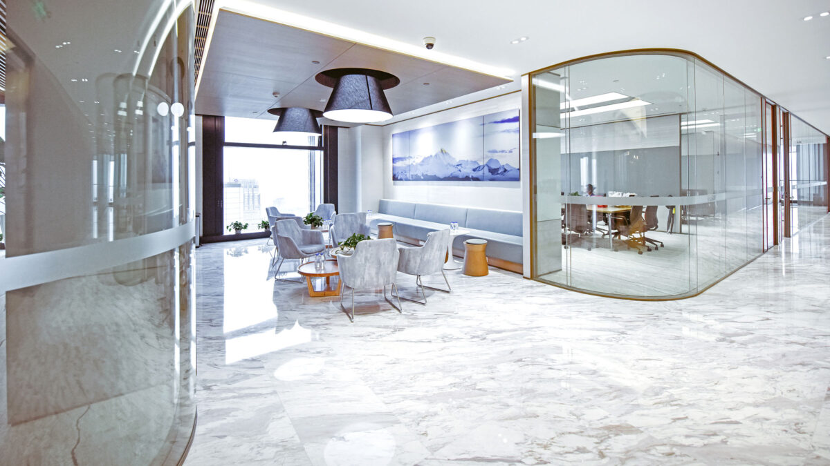 White lounge with meeting room