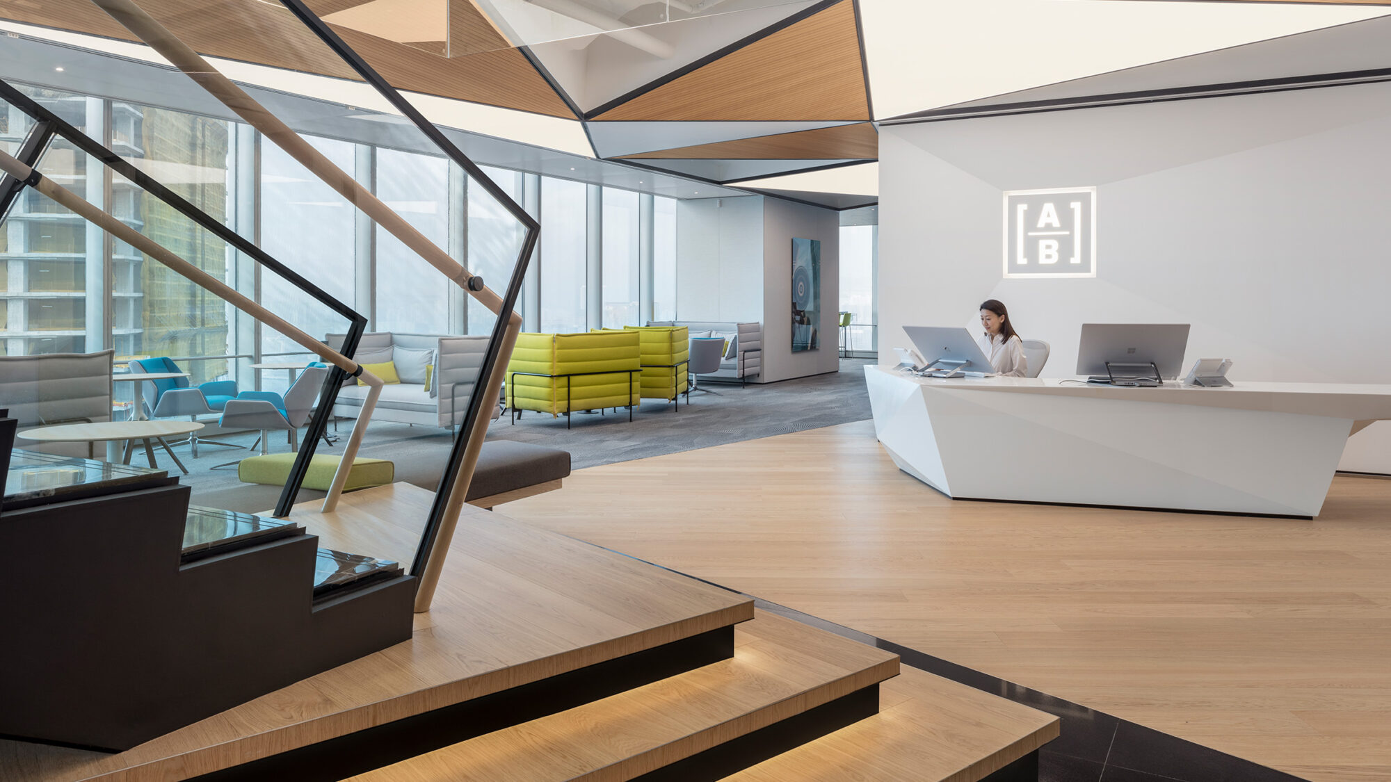 office reception desk with brand logo