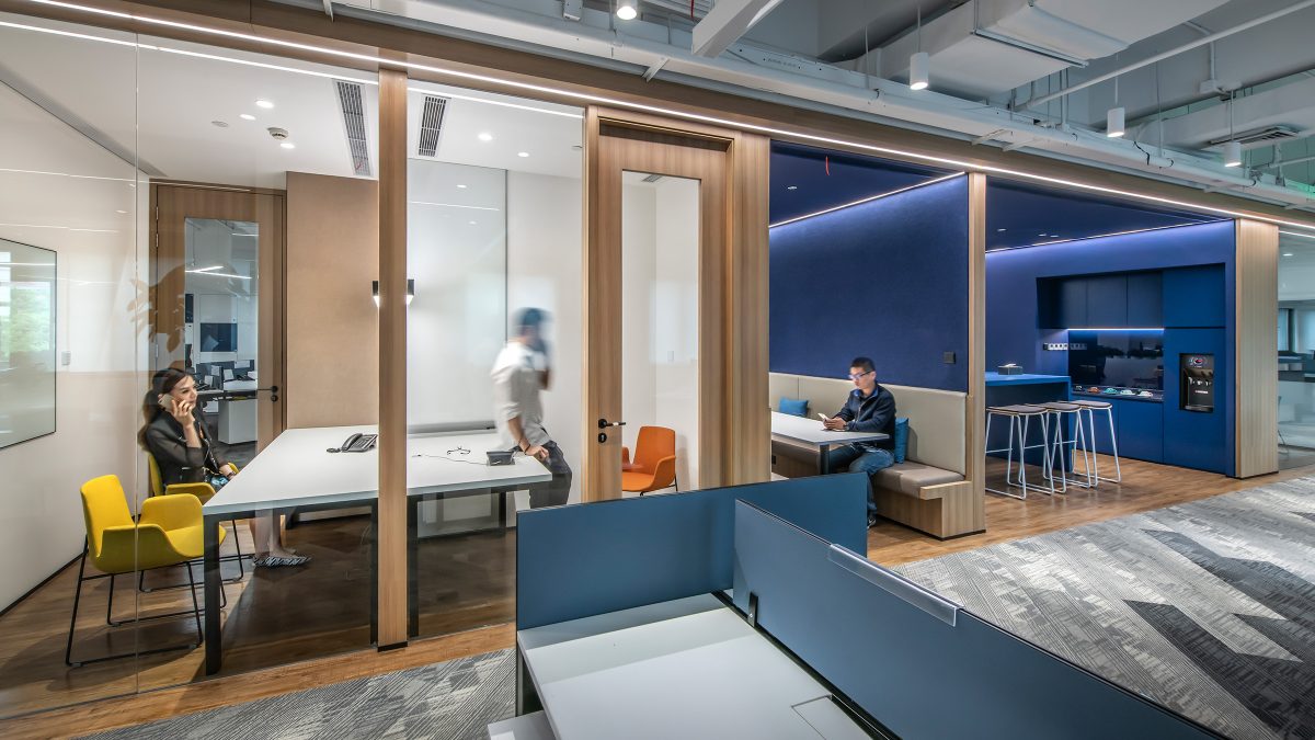 workplace, meeting rooms, booth and kitchen