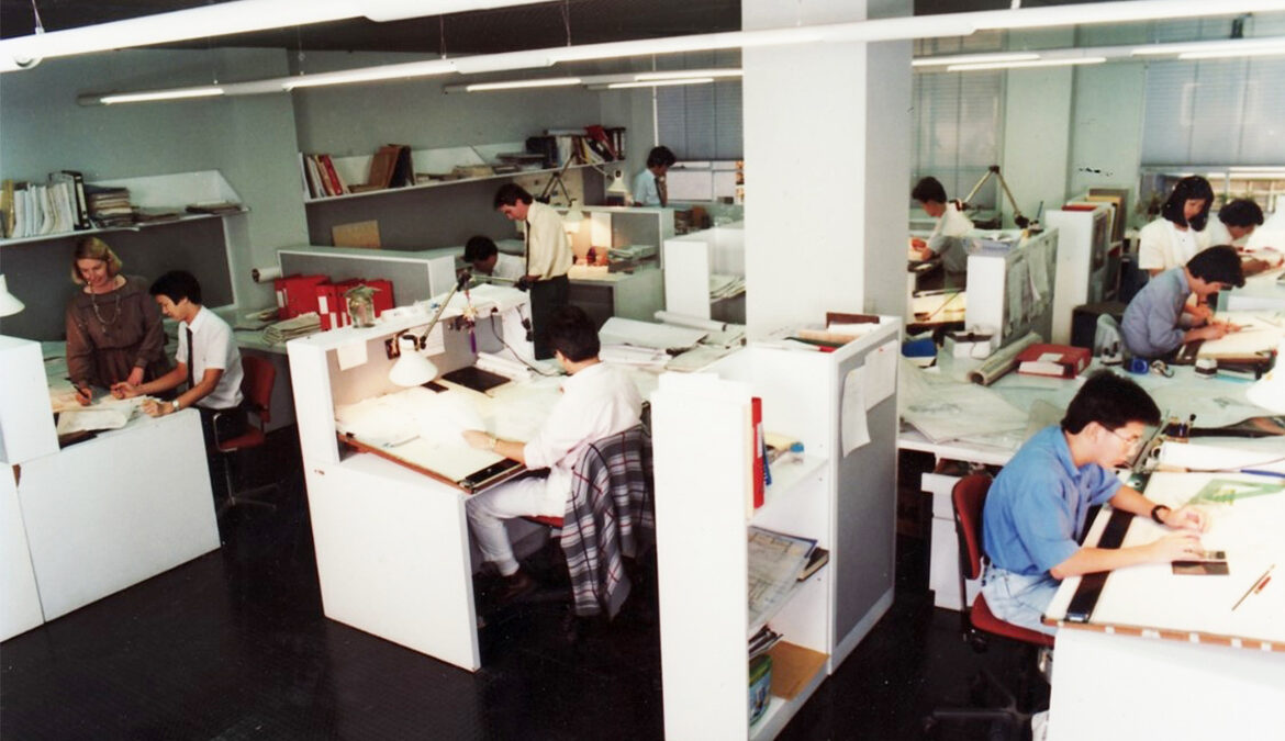 Moira Moser in old Hong Kong office in the 80's