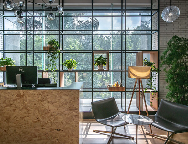 reception desk with plants