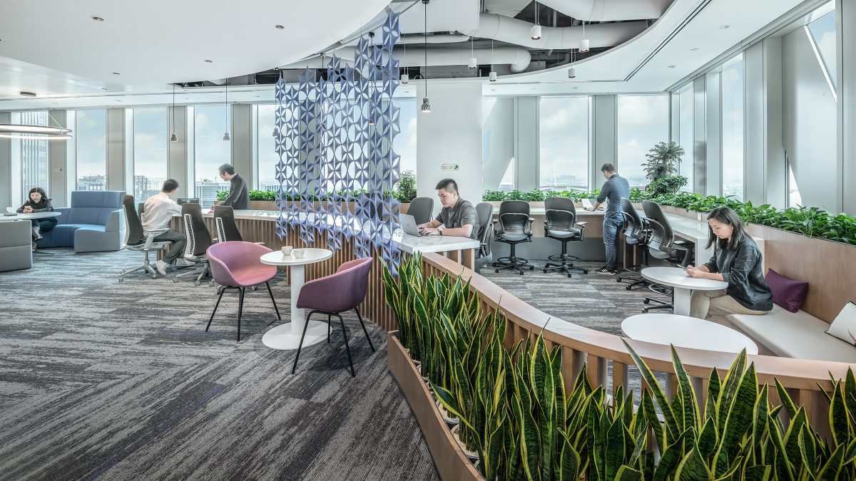 people working in open plan area on desks with plants