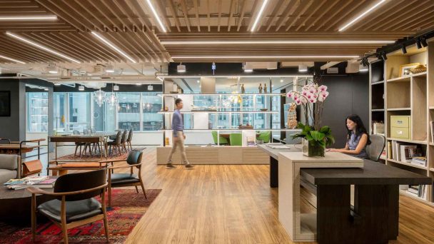 warm reception space natural wood