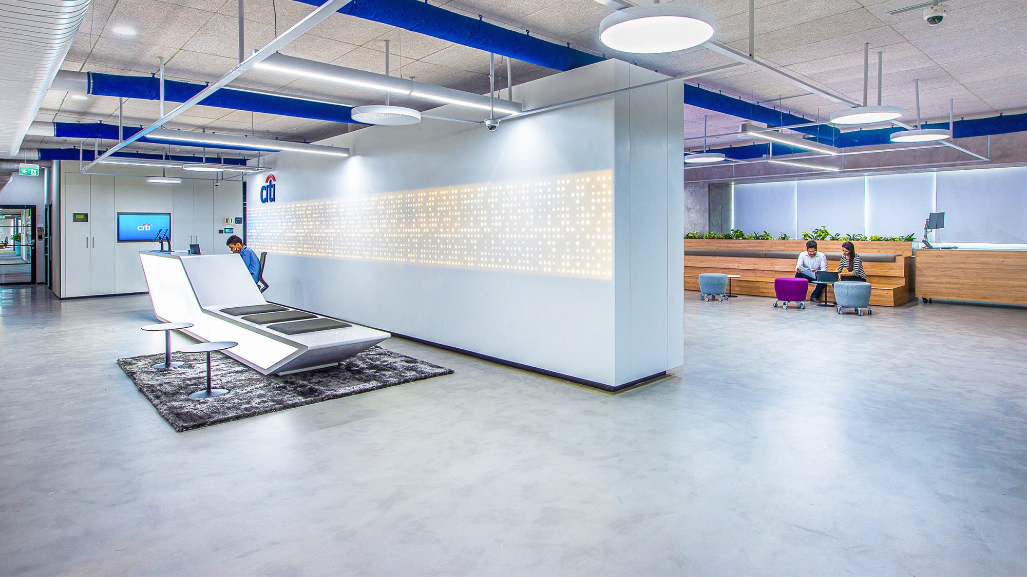 reception desk and people collaborating behind wall