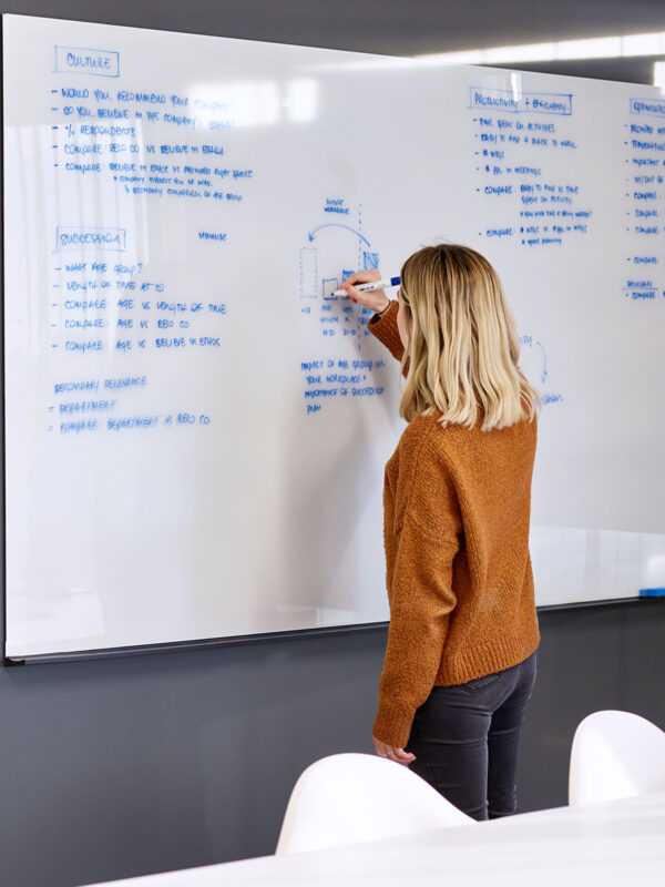 woman writing on whiteboard