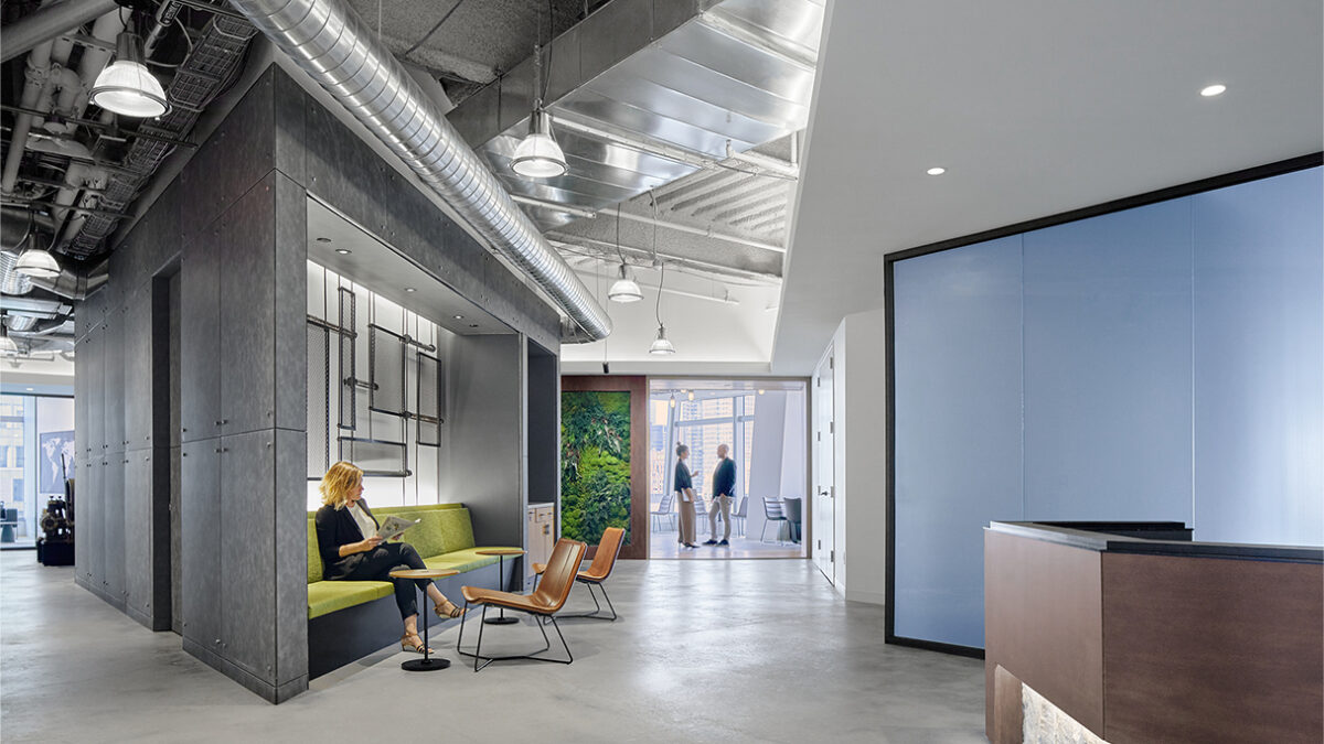 woman waiting in lounge and people in meeting room