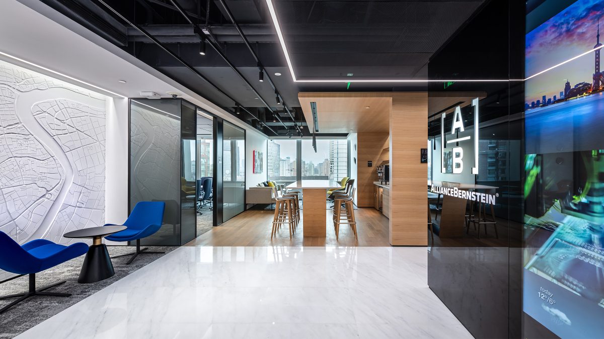 View of kitchen, lounge and brand logo