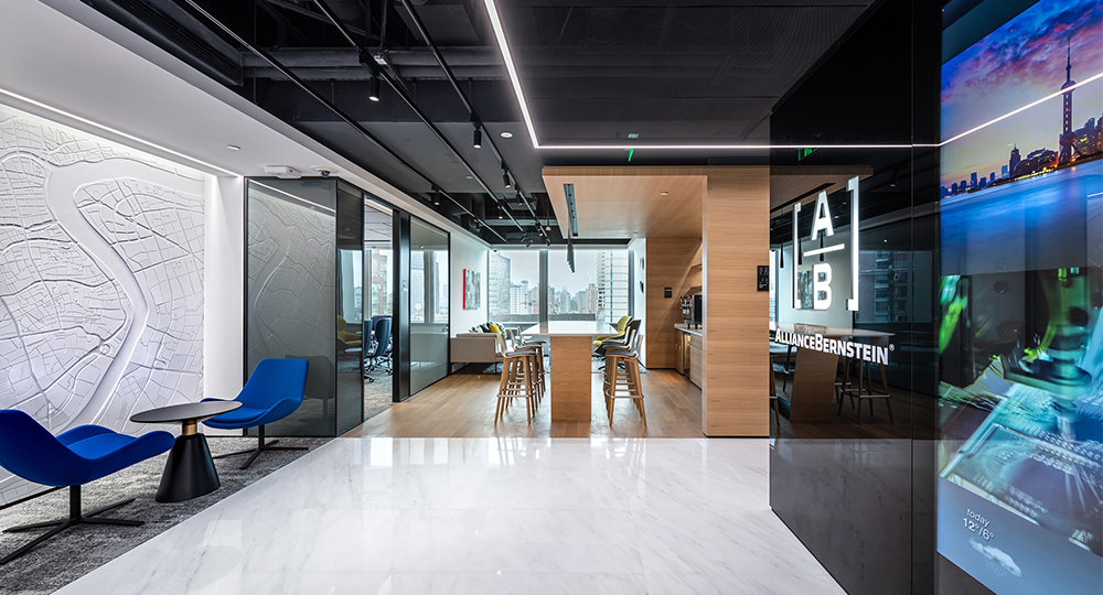 View of kitchen, lounge and brand logo