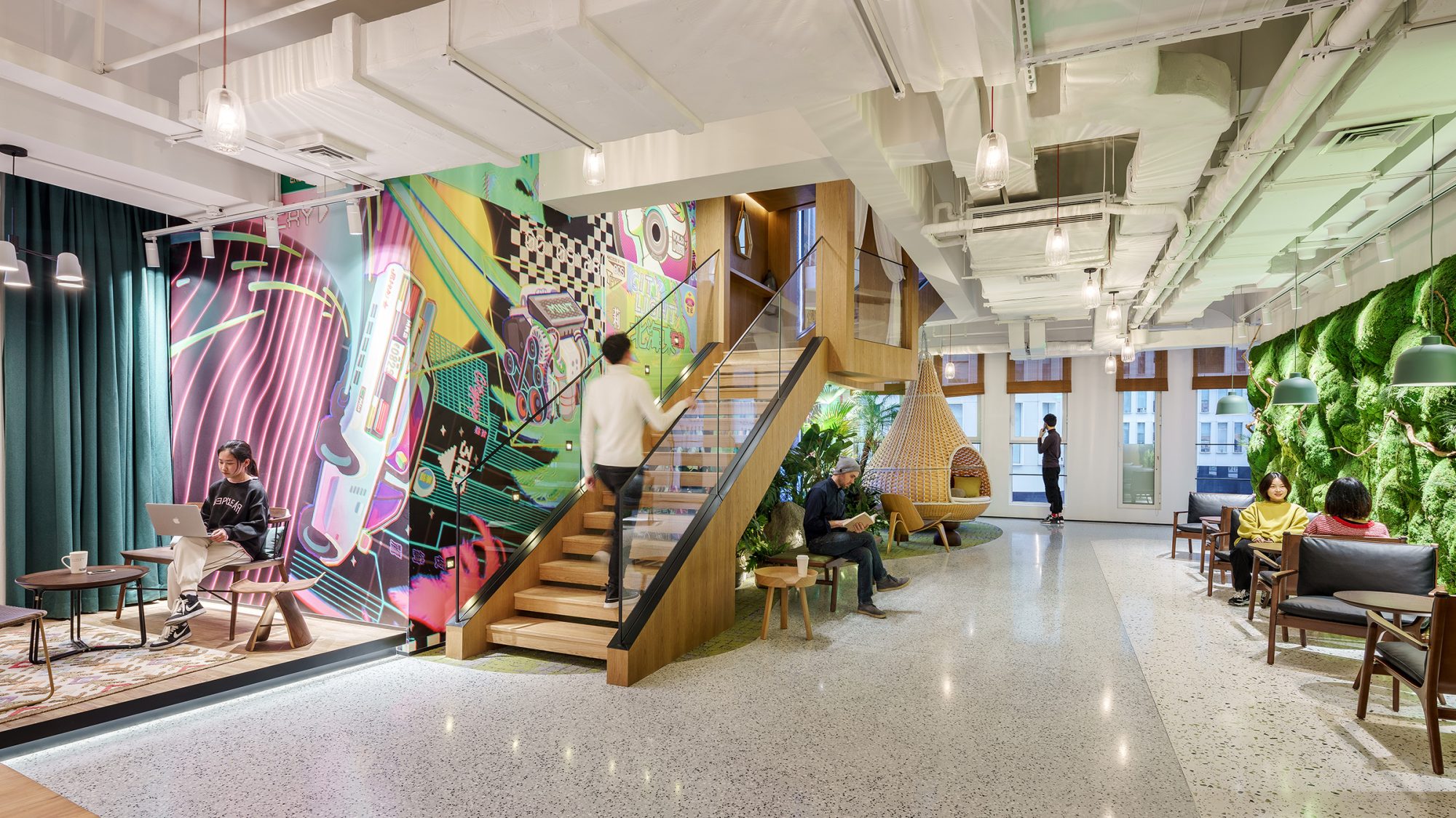 office staircase artwork green wall