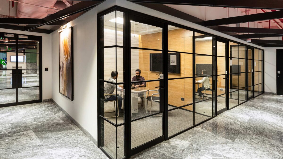 Small meeting room with two people inside