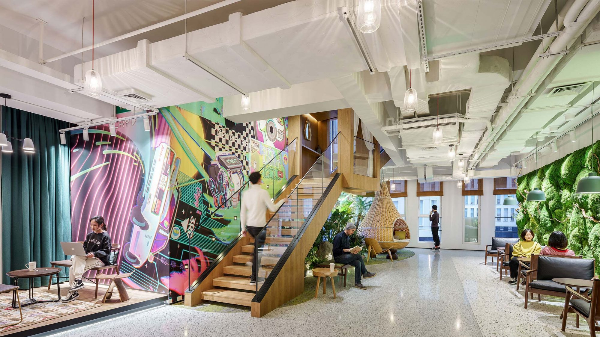 office staircase artwork green wall