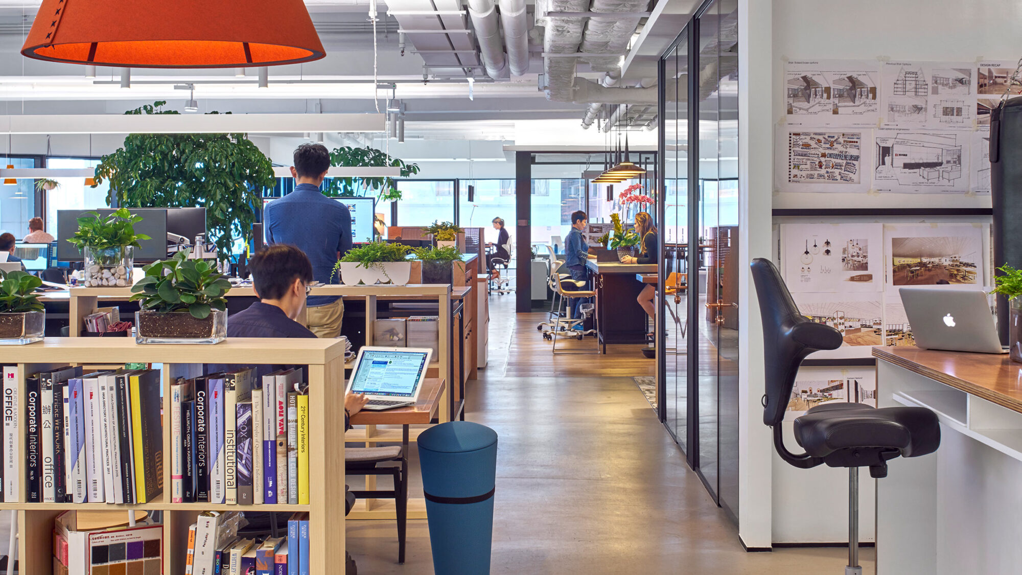 people at work desks and bookcase