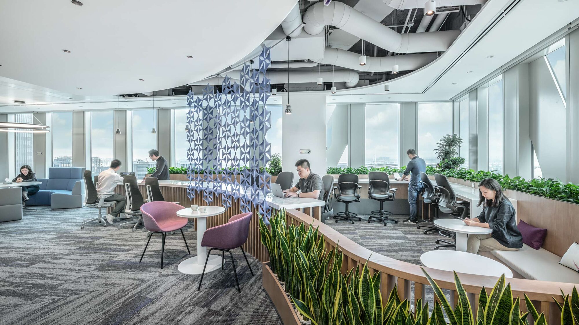 people working in open plan area on desks with plants