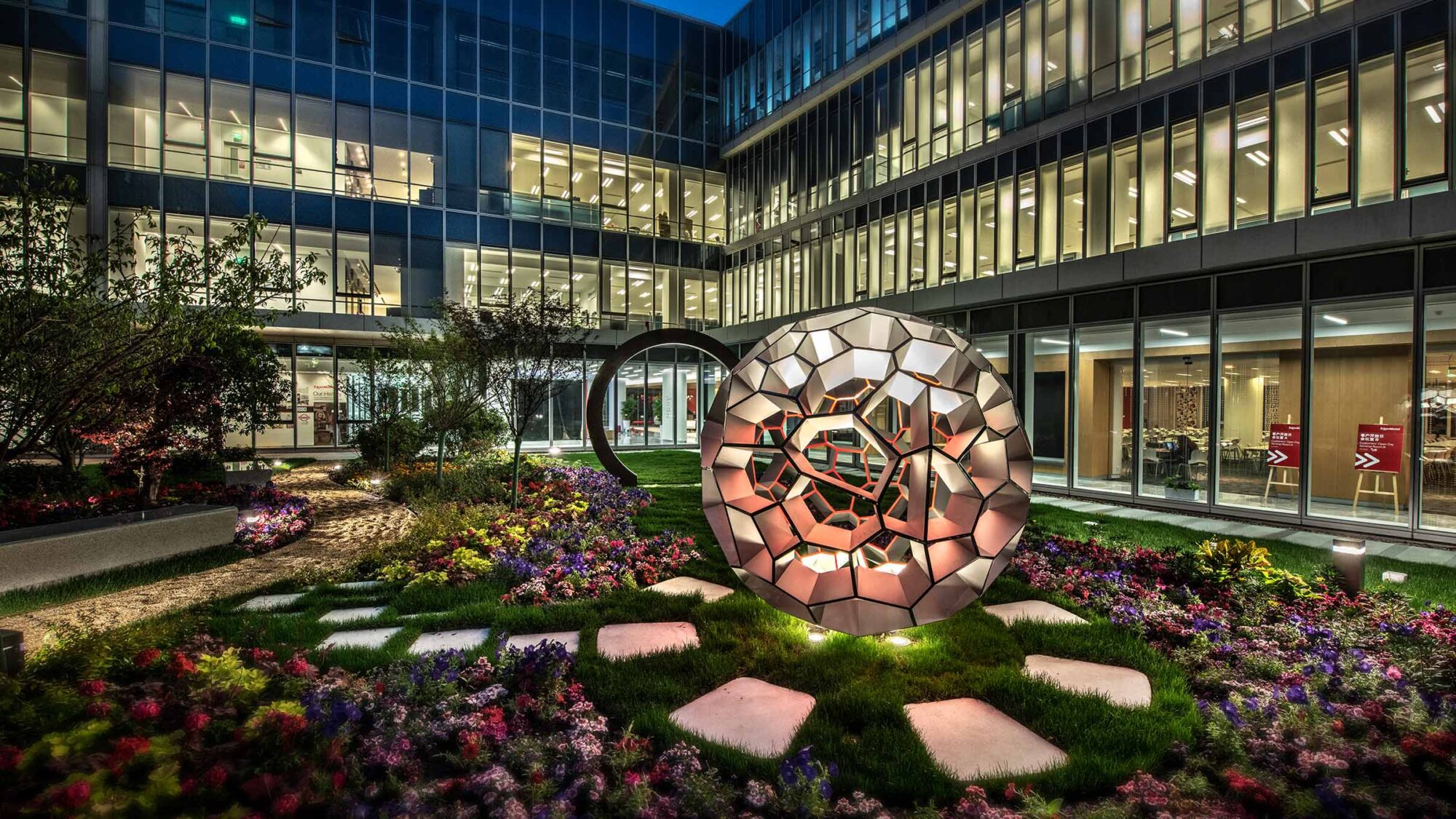 Bright lit sculpture in park