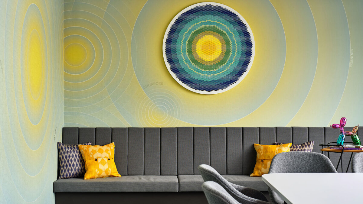 casual seating area with wall art