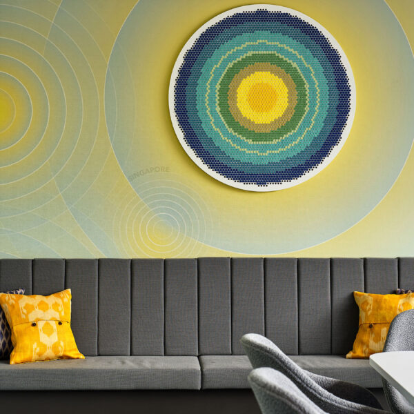 casual seating area with wall art