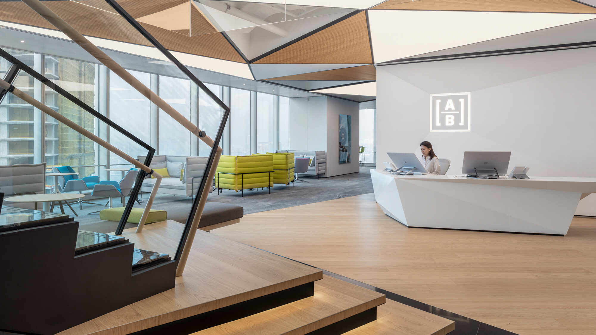 office reception desk with brand logo