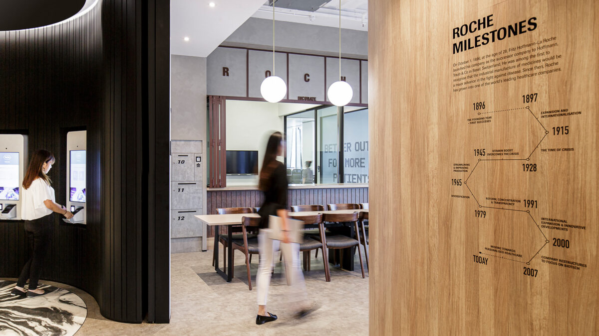 roche office history wall at entrance, Toronto workplace design