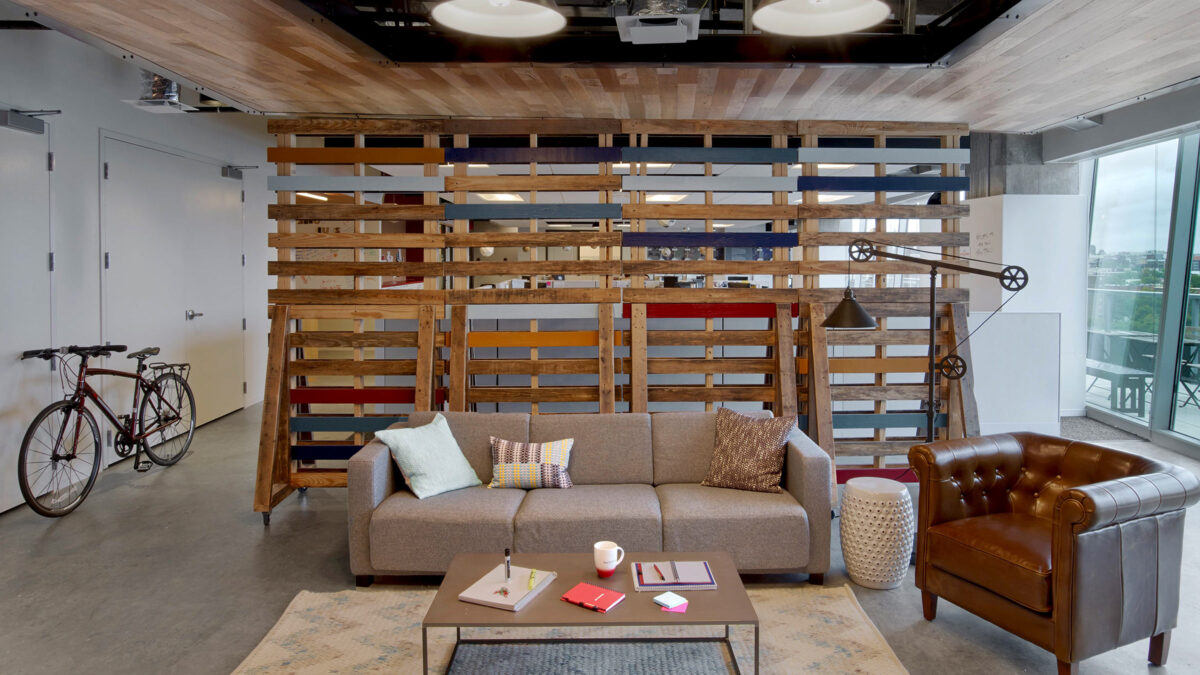 lounge area separated by wooden palettes