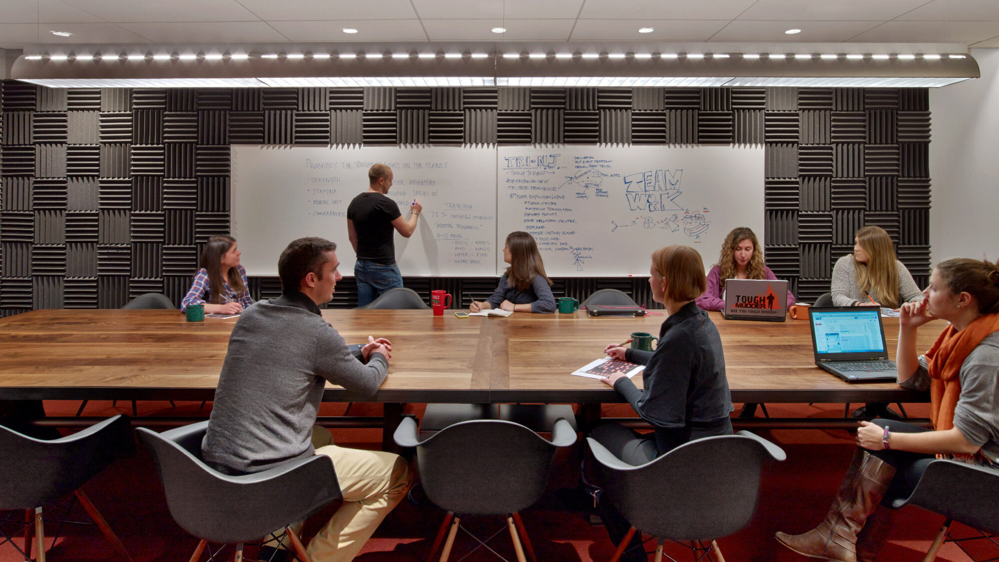 meeting room with people collaborating over whiteboard