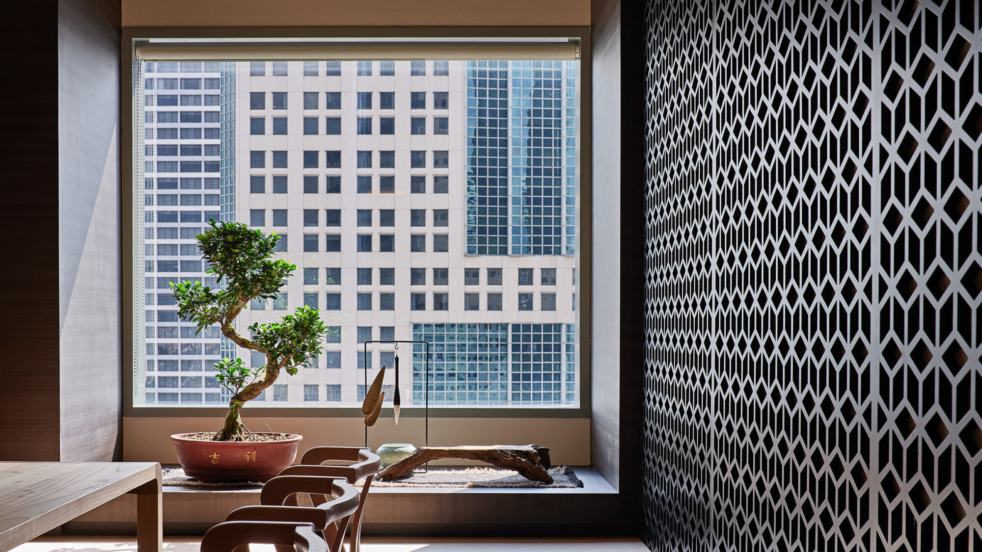 textured wall with view onto city