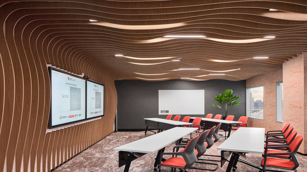 wavy wooden ceiling in meeting room