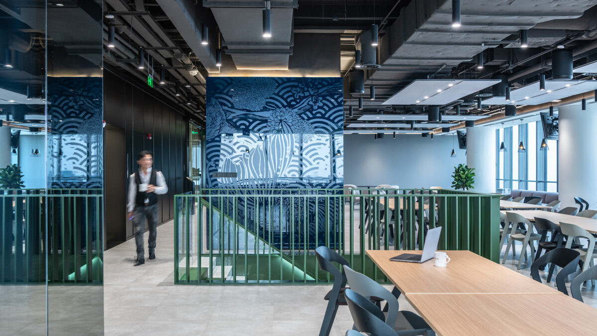 green staircase in workplace interior