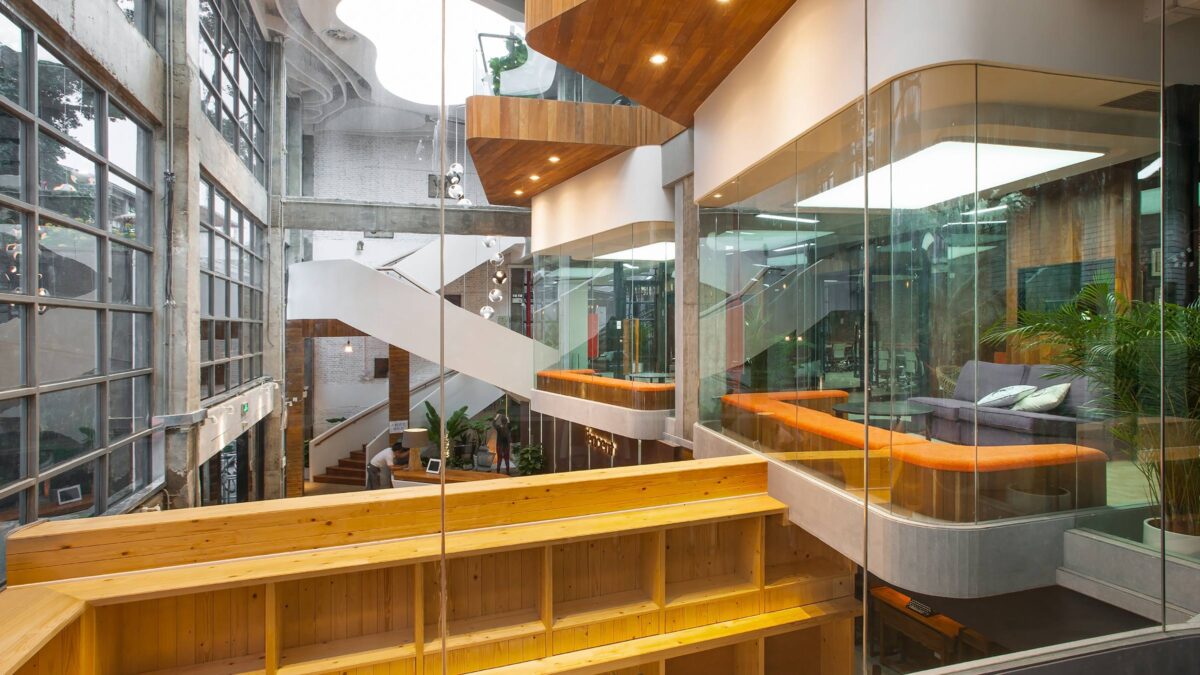 meeting rooms inside glass atrium