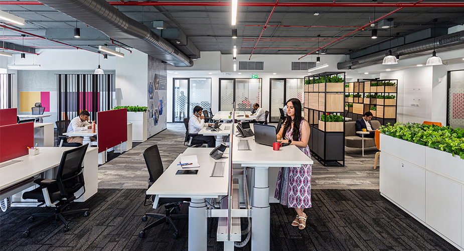 people working in open office space at desks