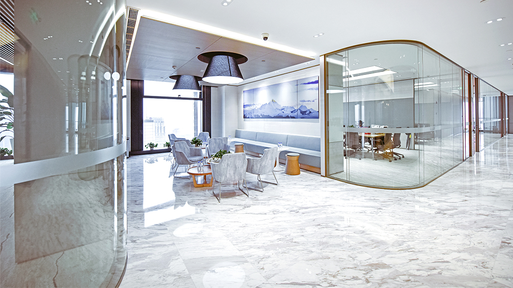 White lounge with meeting room