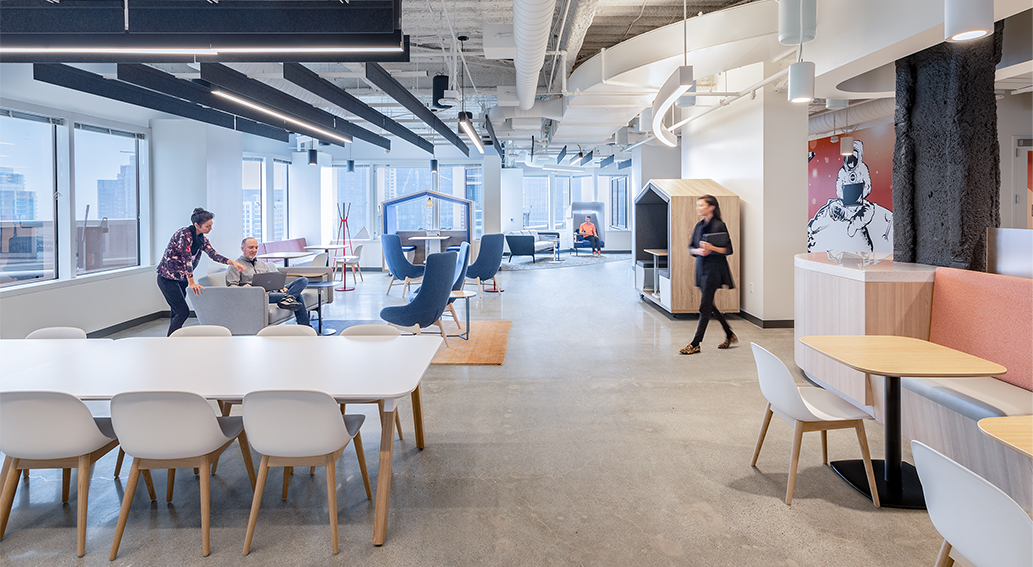 people collaborating and woman walking