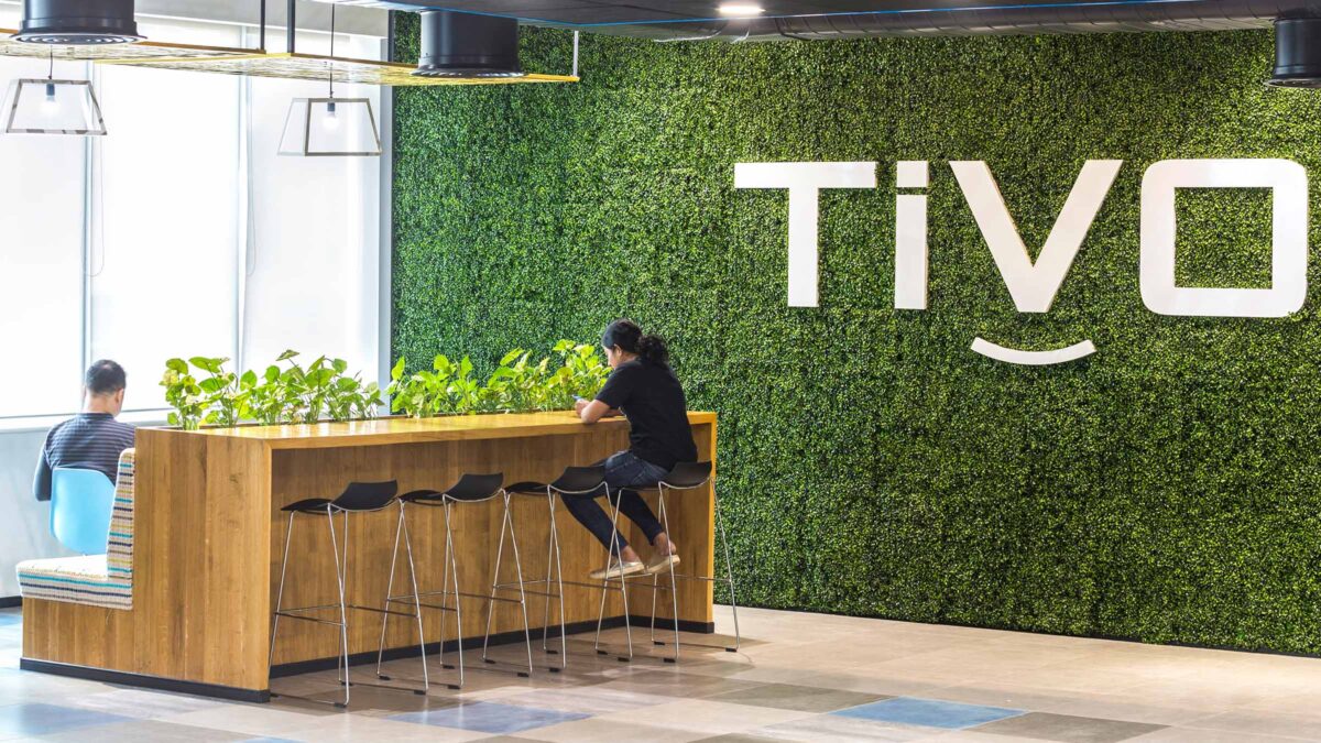 woman working on high tables near green wall