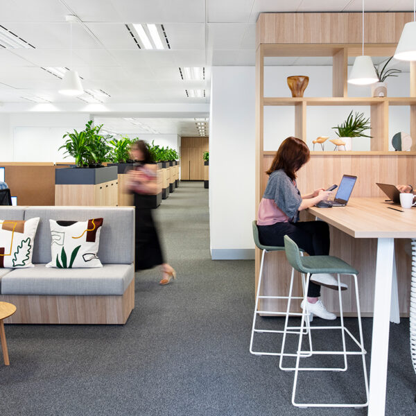 women working at table, view of desks and casual seating