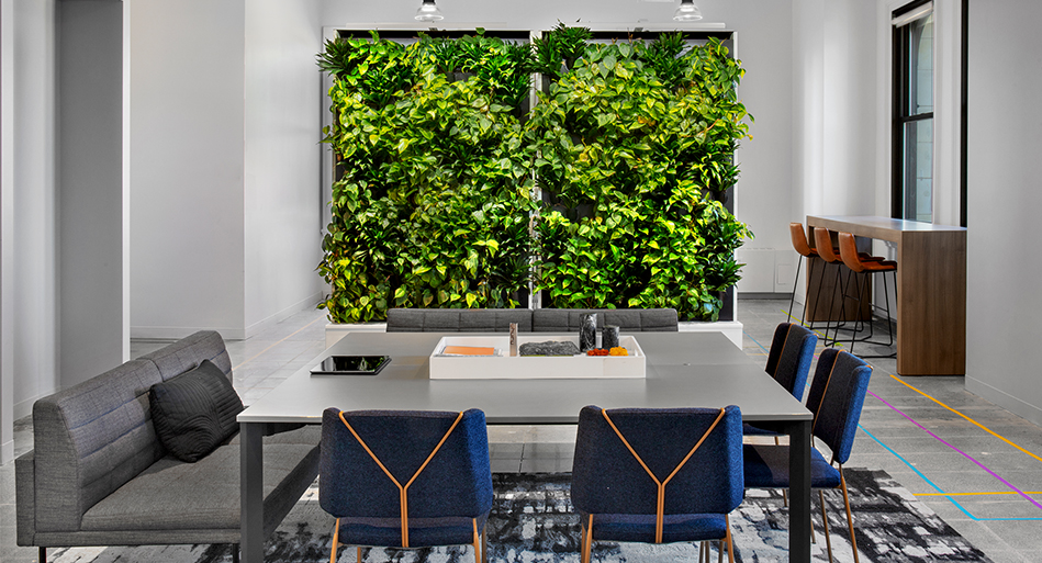 desk, chair and plant wall