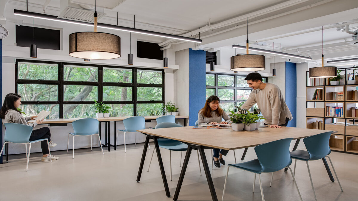 students in the library meeting space
