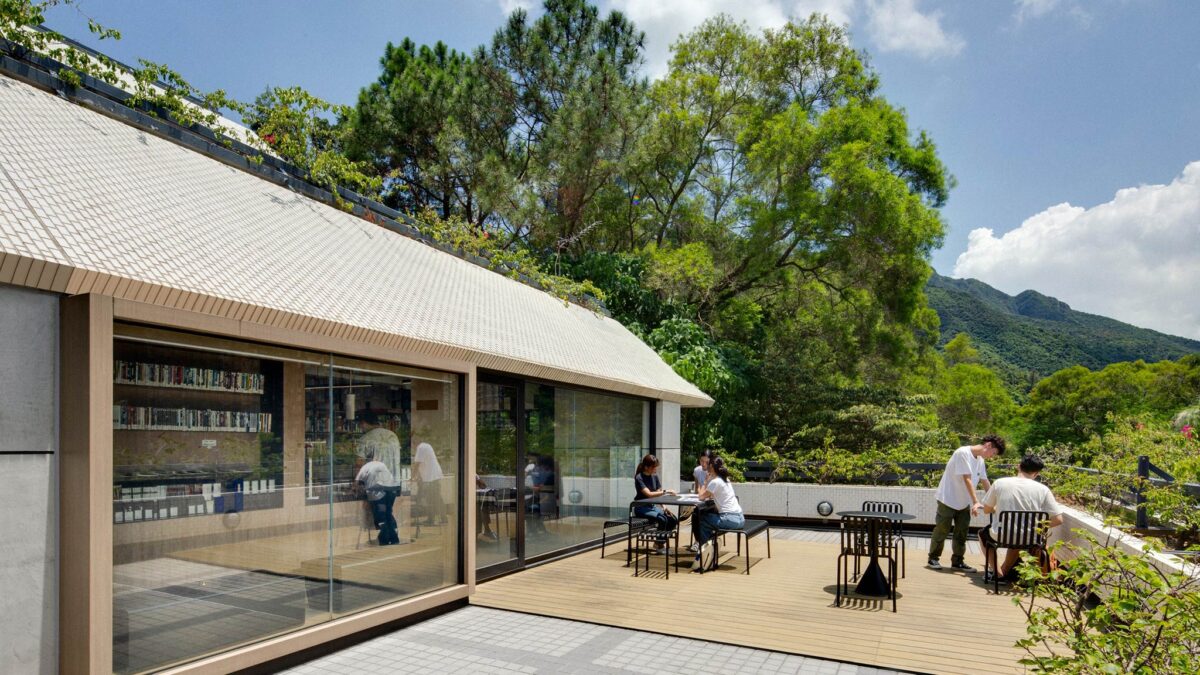 outdoor terrace of school set in green surrounding