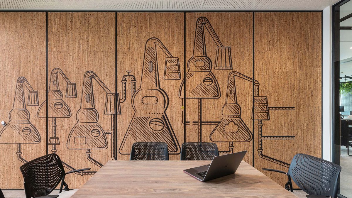 decorated meeting room wall with seating 