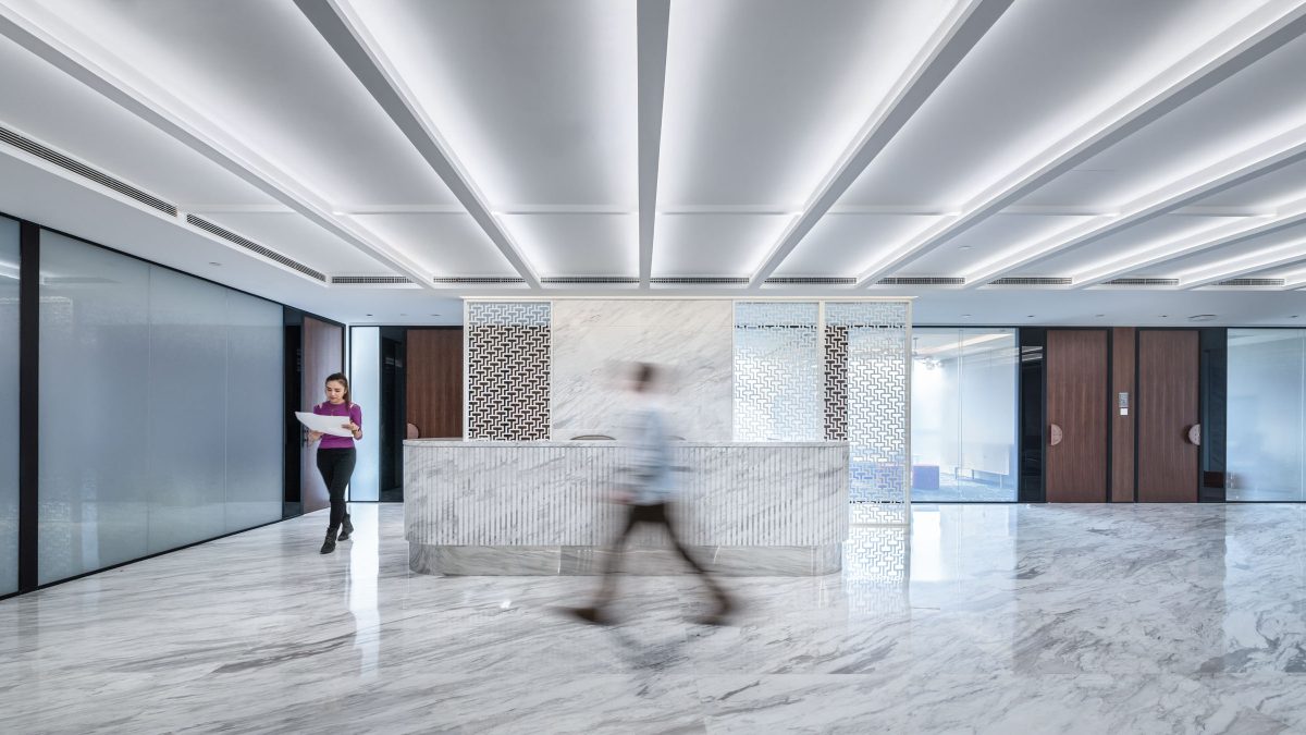 Minimalist reception area with marble floor