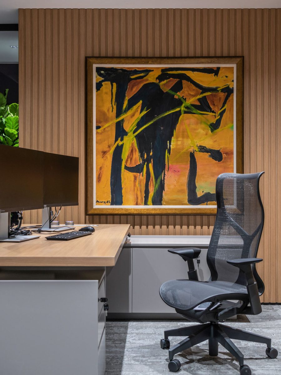 Office desk with decorative abstract painting