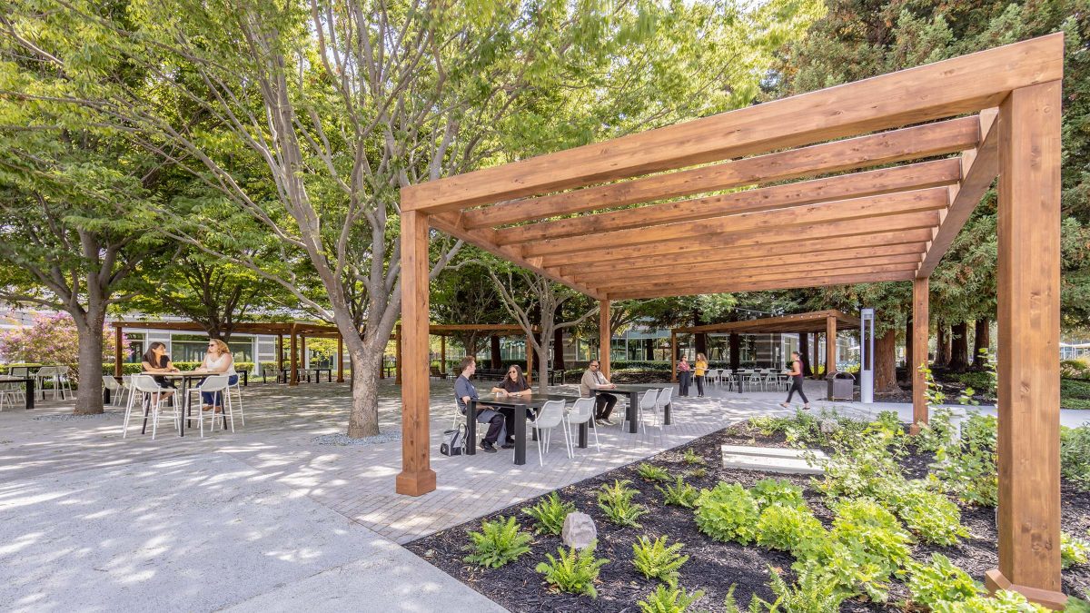 A repurposed outdoor space designed to connect employees to the outdoors throughout their workday.