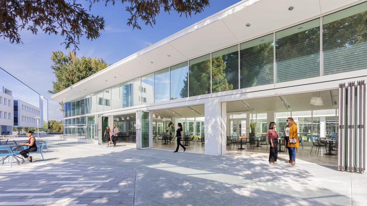 The building façade at PayPal was redesigned to open and close to connect the indoors with the outdoors