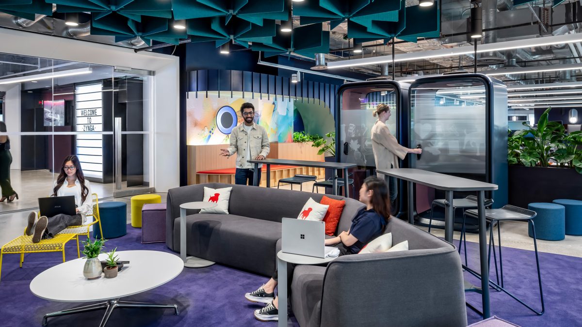 Our office design for Zynga provides unique private and collaborative work settings that all support a hybrid work model and agile workflow, including acoustically sound private meeting pods for virtual meetings.