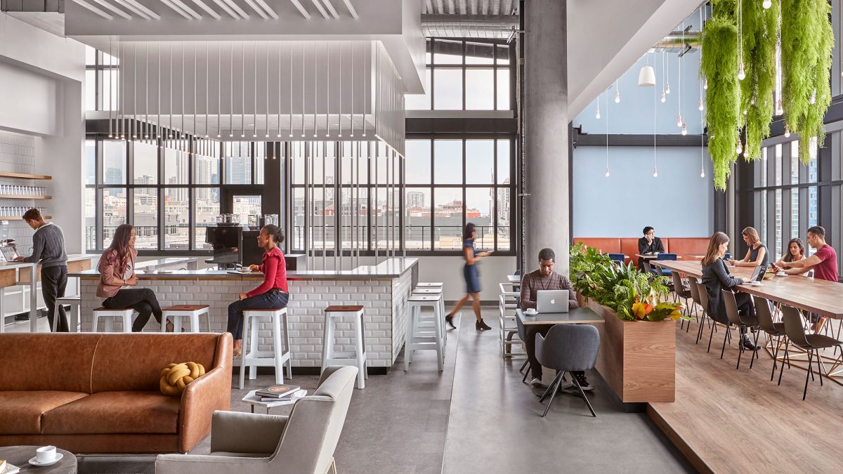 M Moser’s office space design in San Francisco features cafés and collaborative or individual work points on each of the seven floors.