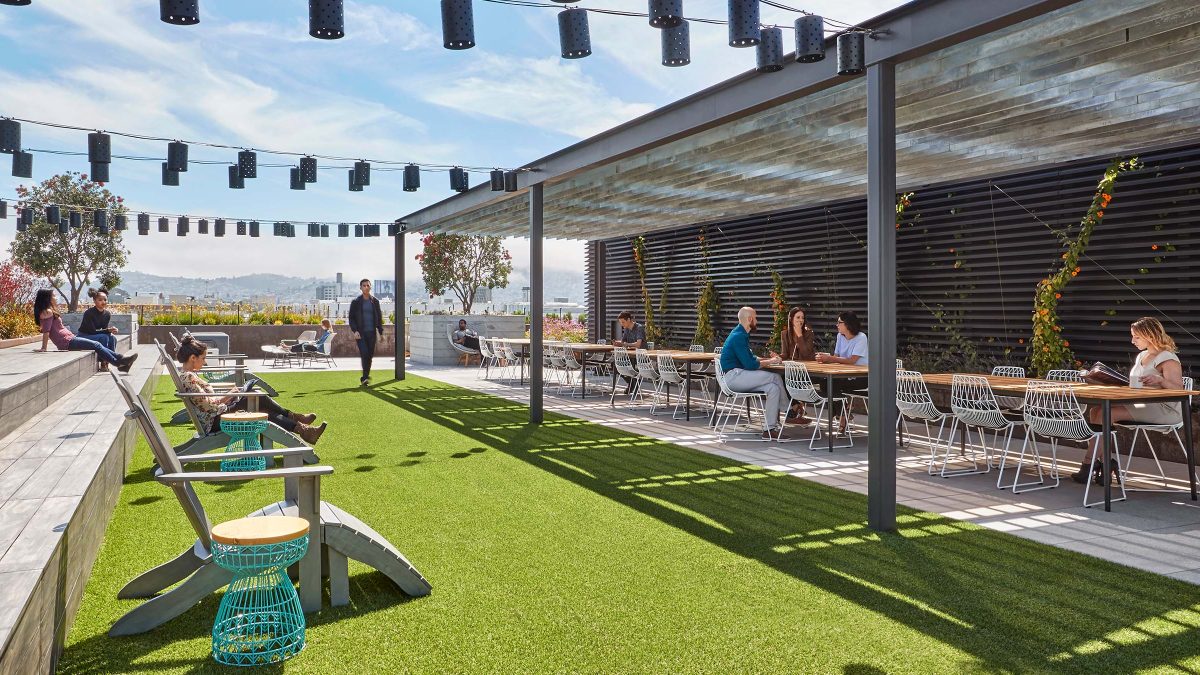 Rooftop design by M Moser featuring the San Francisco skyline and unique workstations of employees.