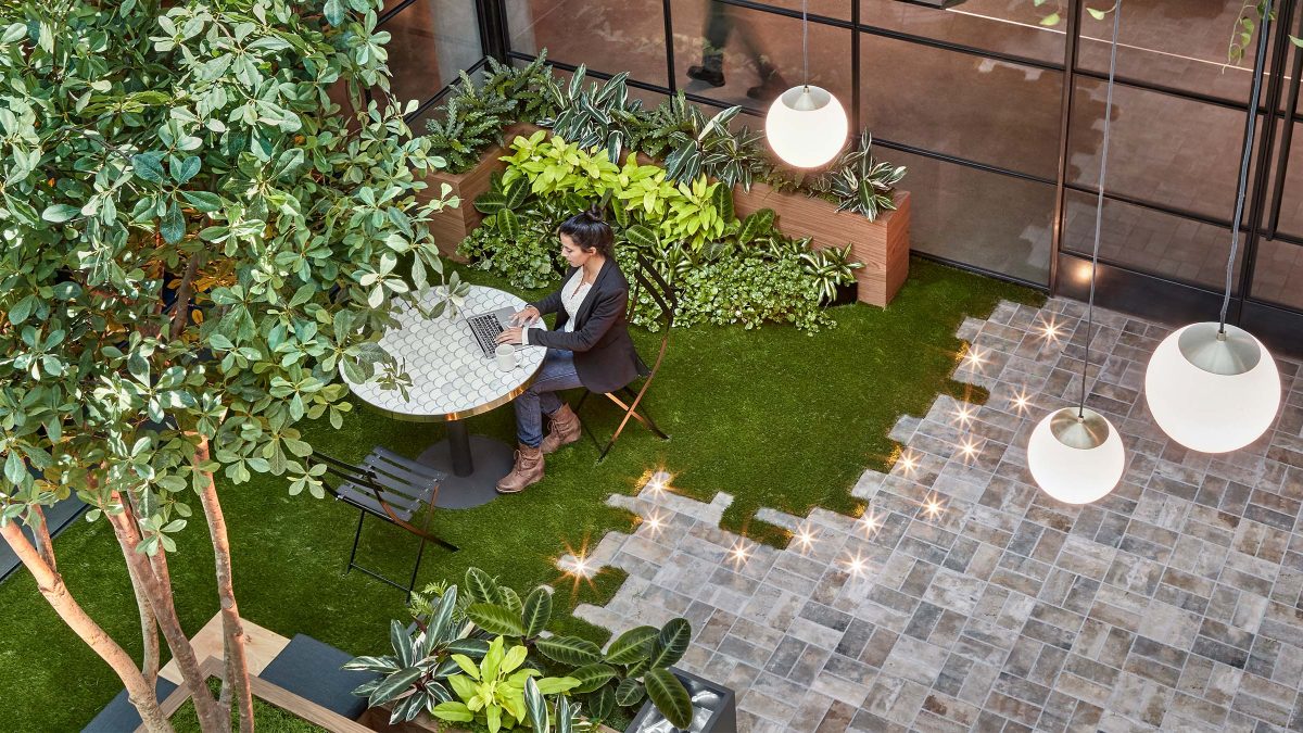 M Moser’s project design features a unique secret garden concept within the building’s atrium, featuring stonework, grass, and living trees.