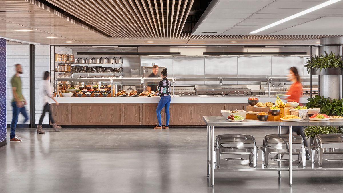 Food and beverage project design by M Moser for a San Francisco client featuring a full-service, servery-style kitchen for employees.
