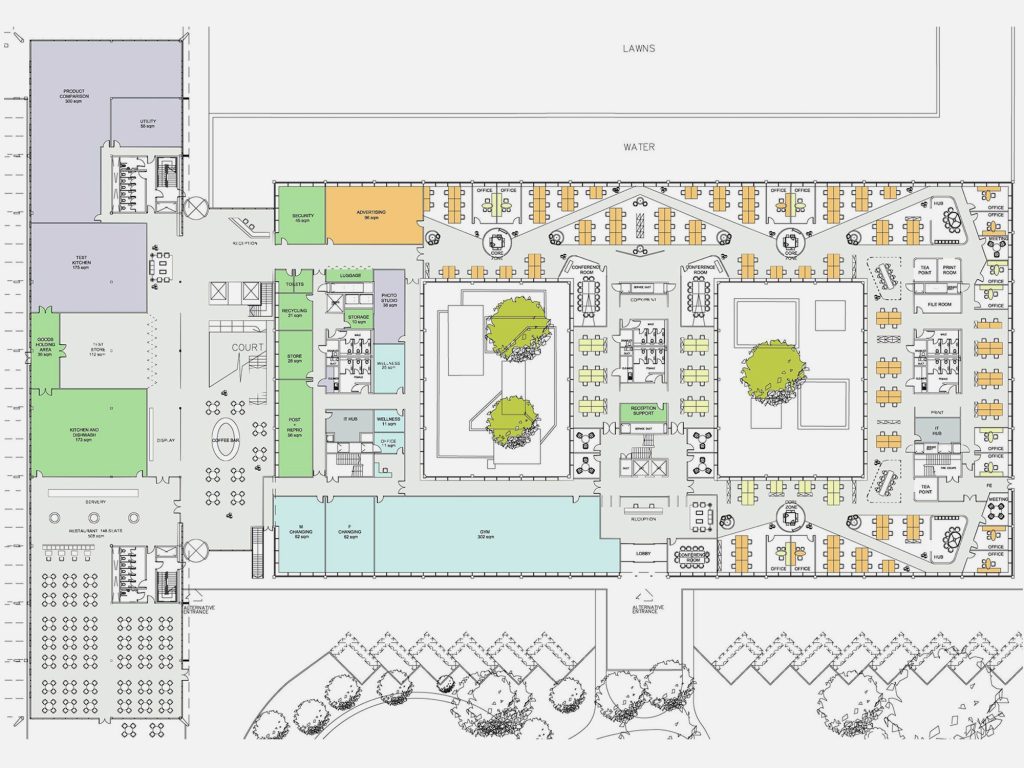 Plan drawing of repurposed building, with interior design test-fit