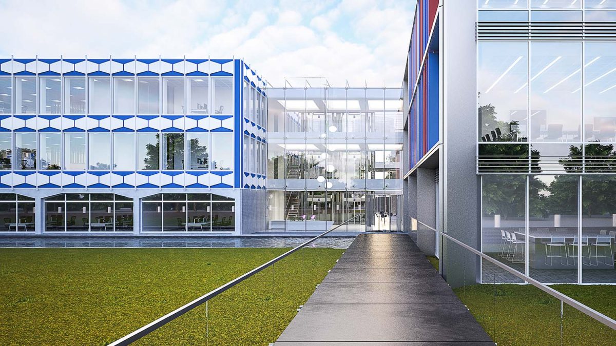 3D visual showing walkway to the entrance of a glass office building